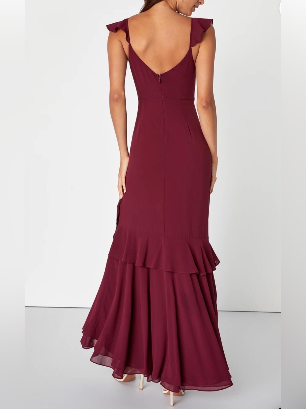 Lulu's Charming Event Burgundy Asymmetrical Ruffled Maxi Dress Small Wedding NWT - Picture 2 of 12